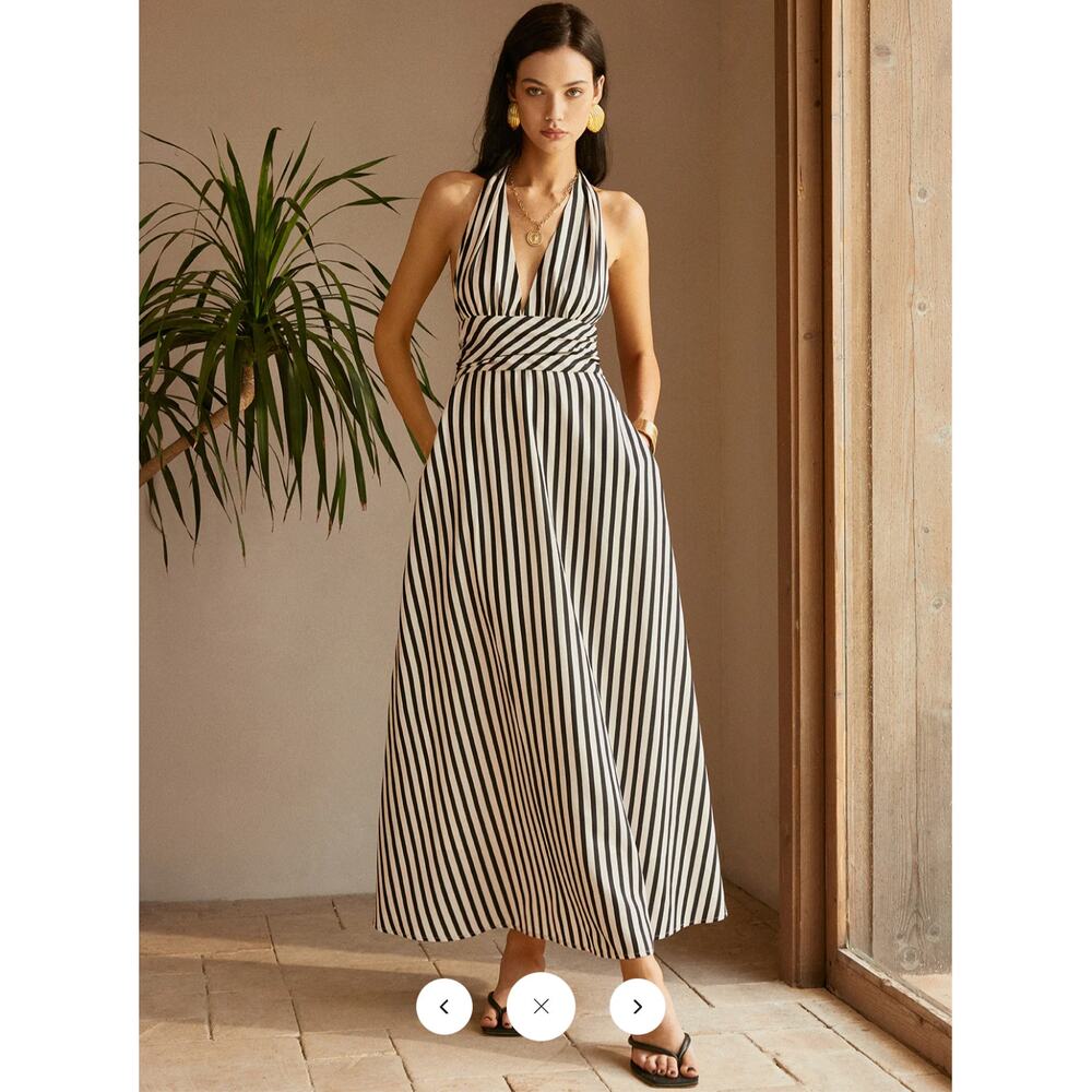Commense Black and White Striped Halter Midi Dress
